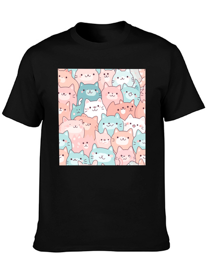 Cute Cats Pattern Black T-Shirt