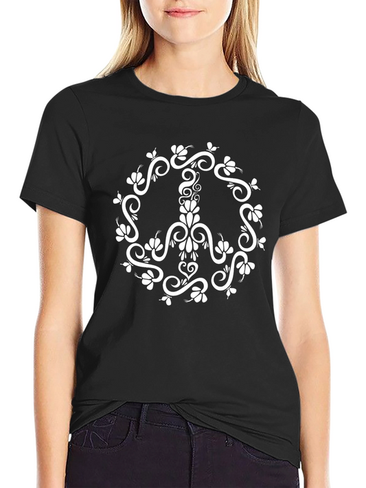 Floral Peace Sign Graphic T-Shirt - Black