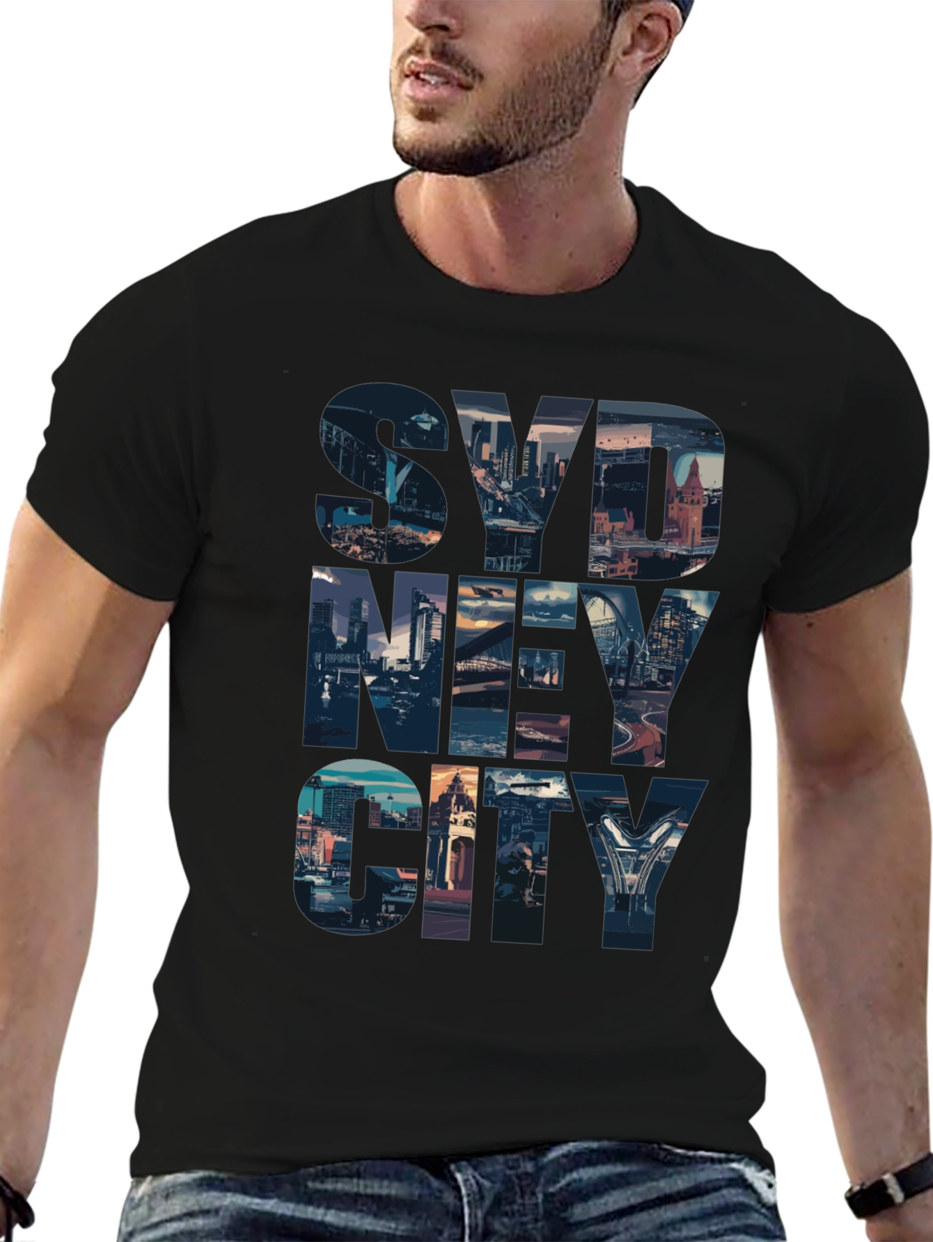 Sydney Cityscape Graphic Tee - Black Cotton Casual T-Shirt