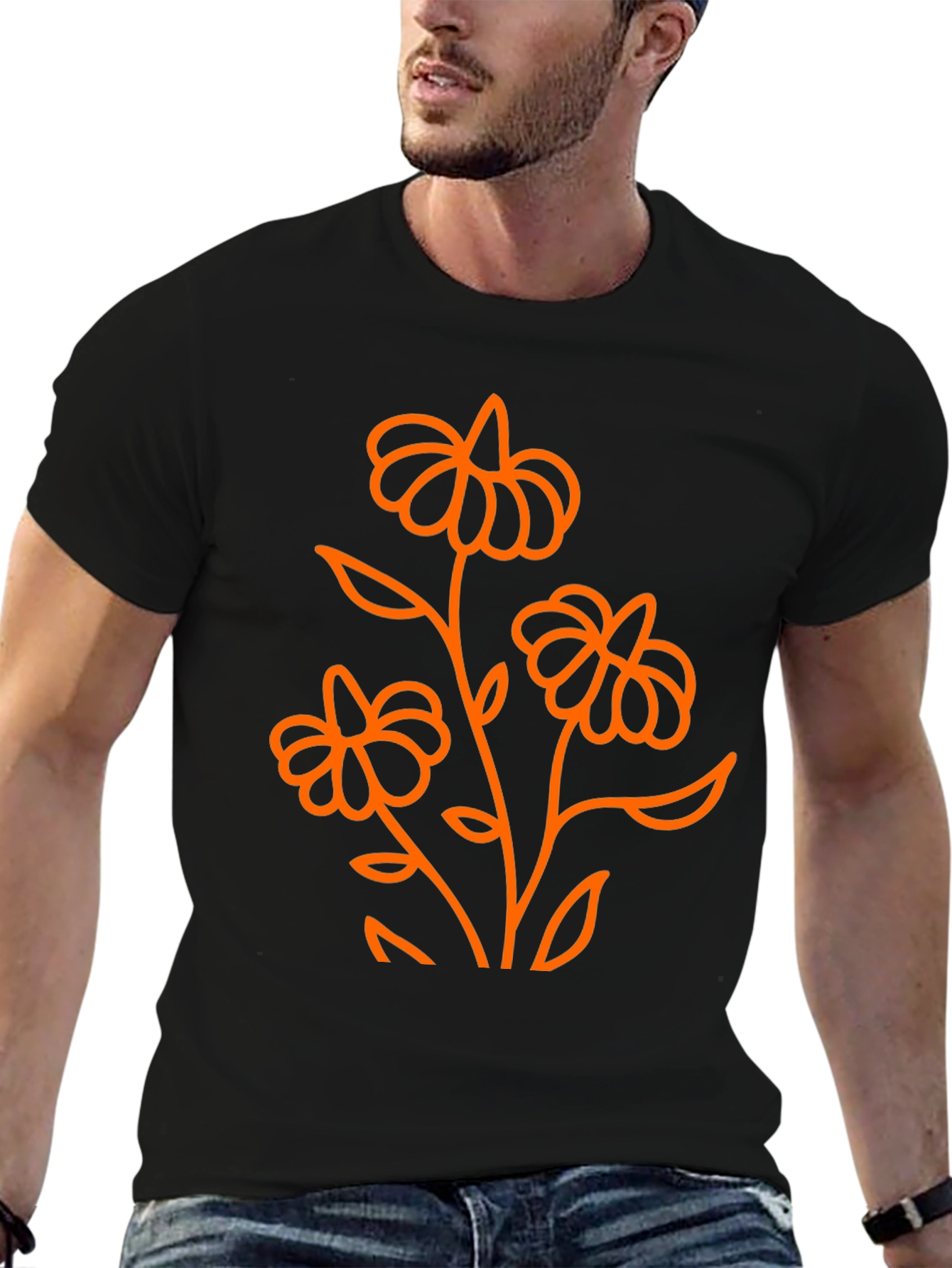 Black T-Shirt with Orange Floral Design