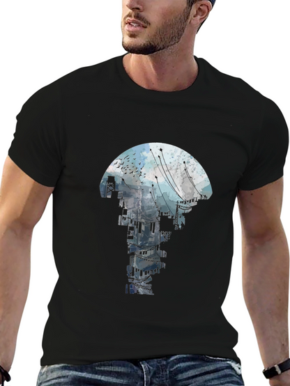 Abstract Cityscape Graphic Tee - Black Crew Neck T-Shirt