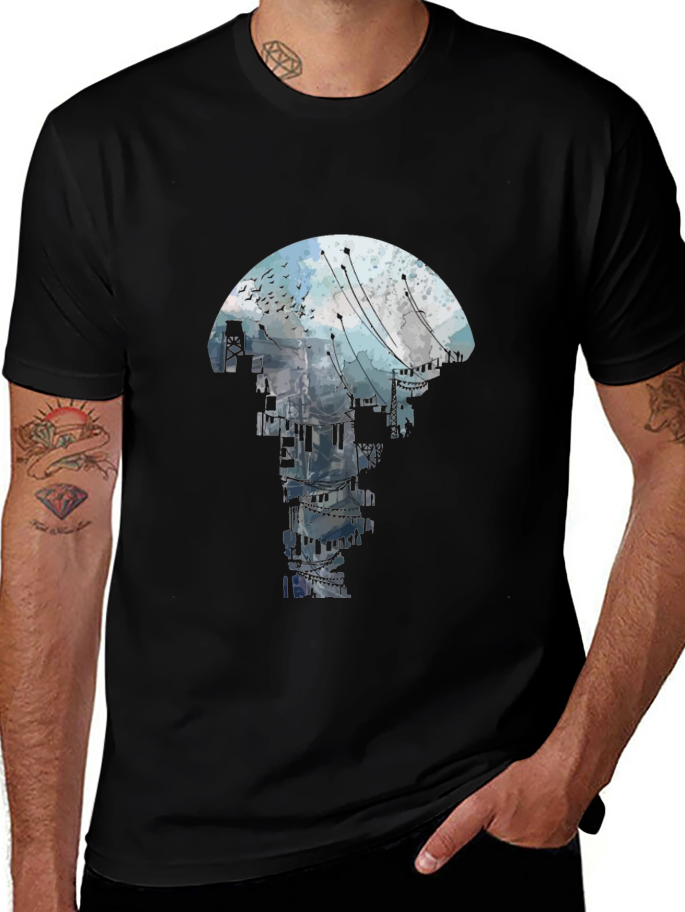 Abstract Cityscape Graphic Tee - Black Crew Neck T-Shirt