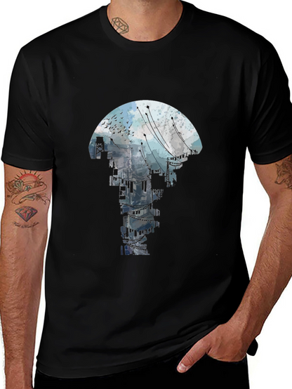 Abstract Cityscape Graphic Tee - Black Crew Neck T-Shirt