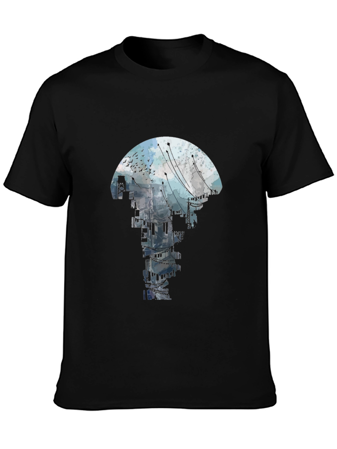 Abstract Cityscape Graphic Tee - Black Crew Neck T-Shirt