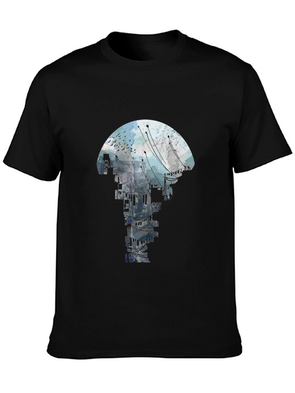 Abstract Cityscape Graphic Tee - Black Crew Neck T-Shirt
