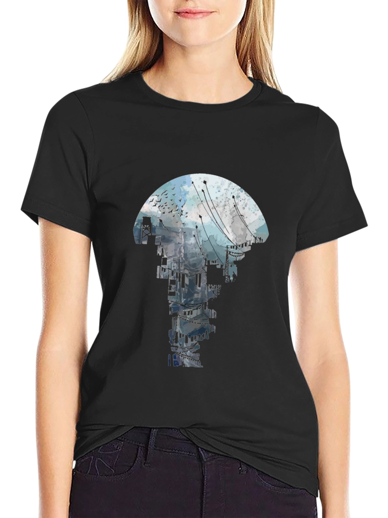 Abstract Cityscape Graphic Tee - Black Crew Neck T-Shirt