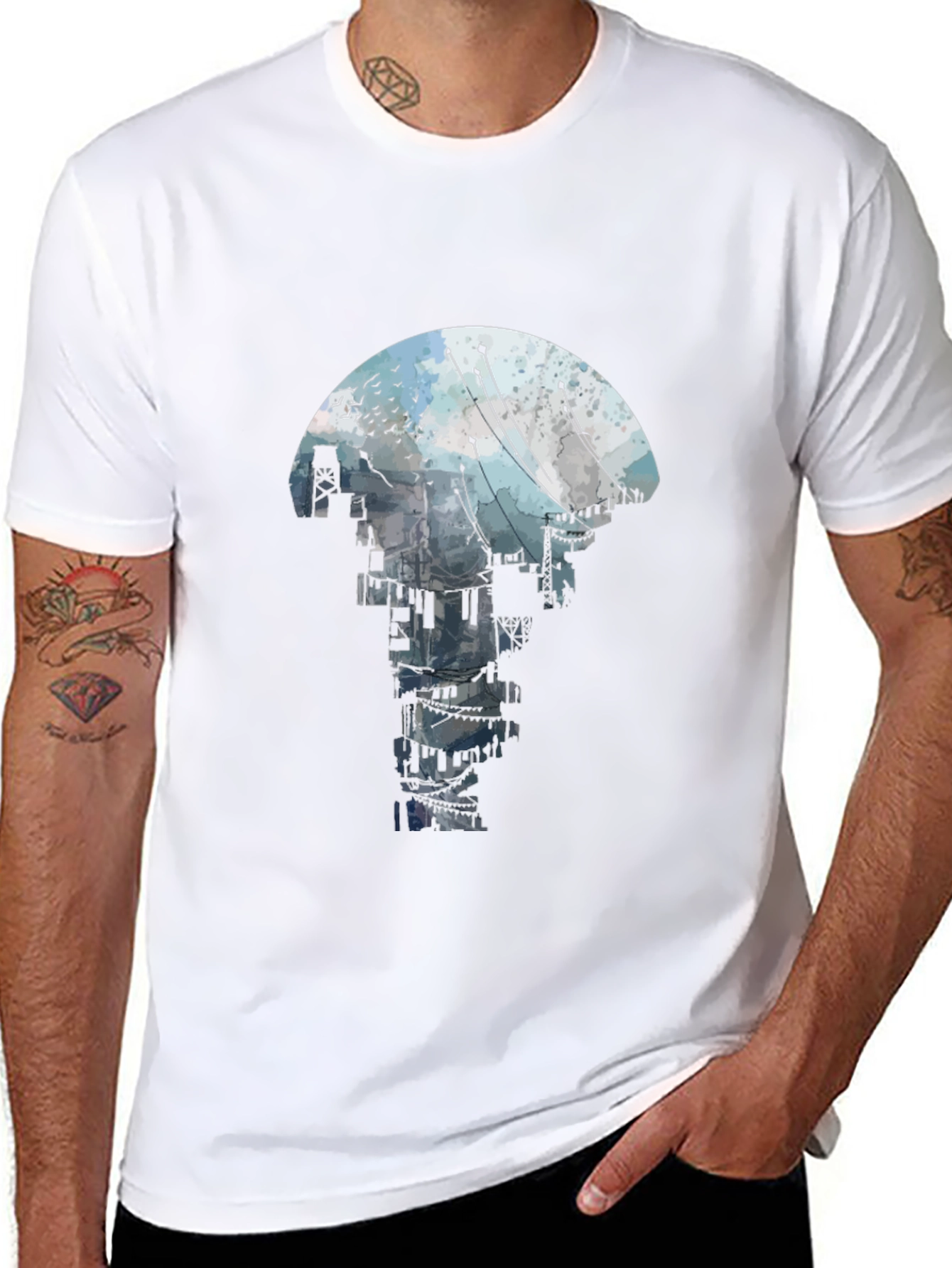 Abstract Cityscape Graphic Tee - Black Crew Neck T-Shirt