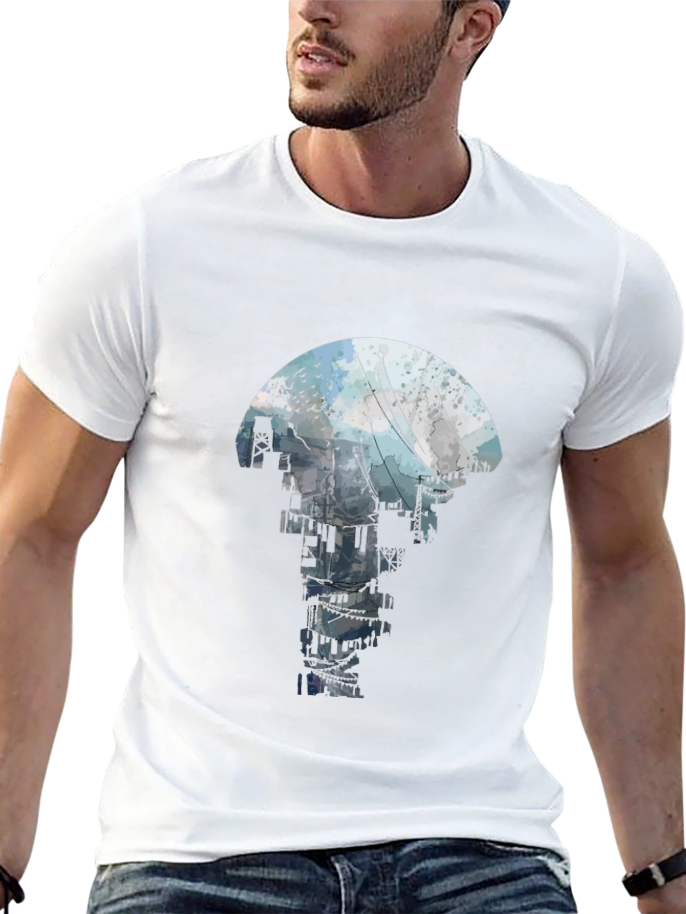 Abstract Cityscape Graphic Tee - Black Crew Neck T-Shirt