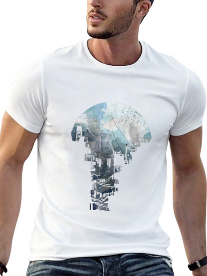 Abstract Cityscape Graphic Tee - Black Crew Neck T-Shirt