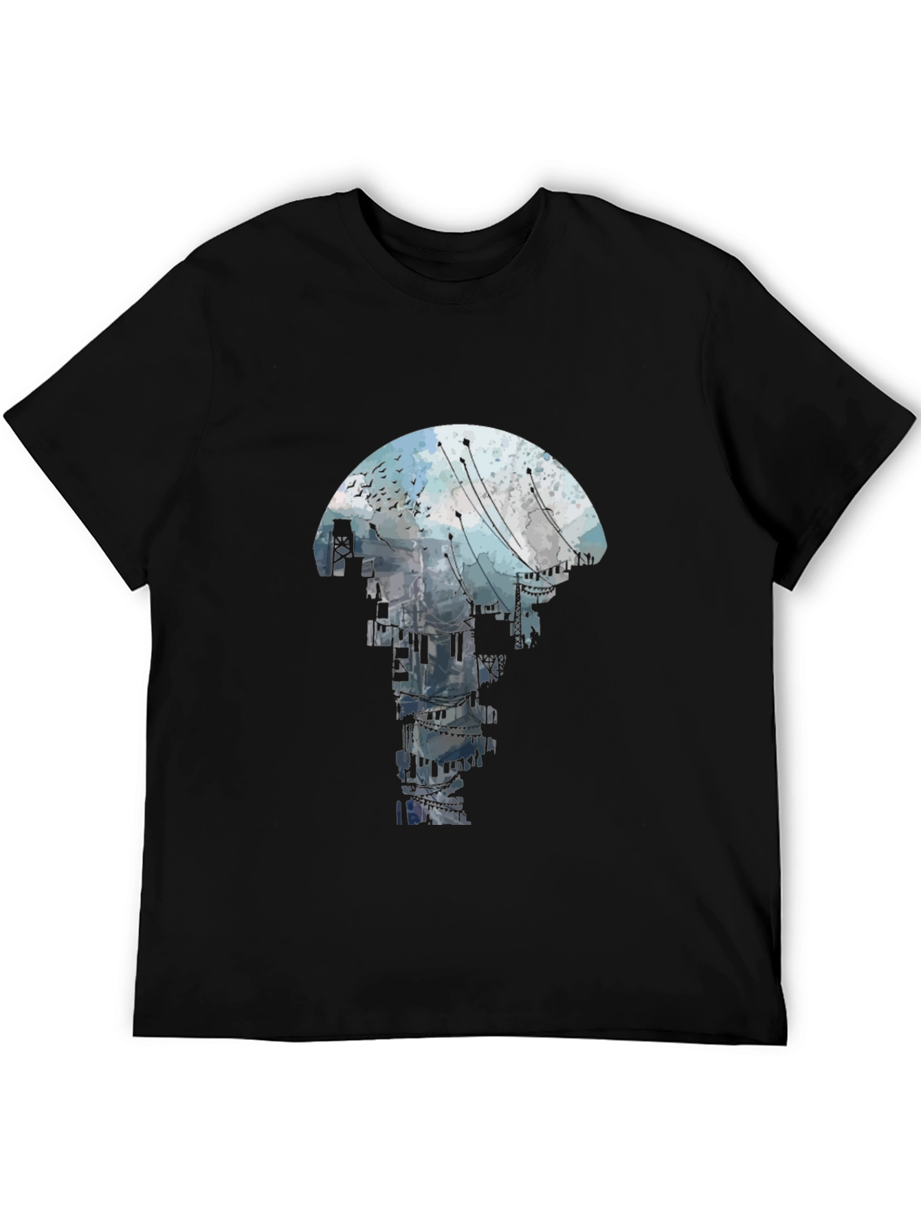 Abstract Cityscape Graphic Tee - Black Crew Neck T-Shirt