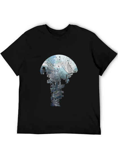 Abstract Cityscape Graphic Tee - Black Crew Neck T-Shirt