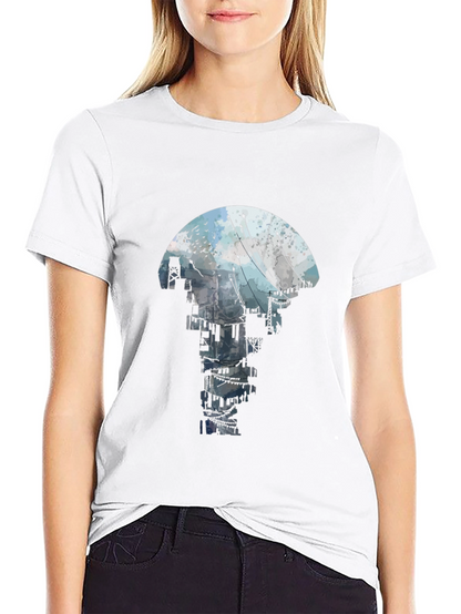Abstract Cityscape Graphic Tee - Black Crew Neck T-Shirt