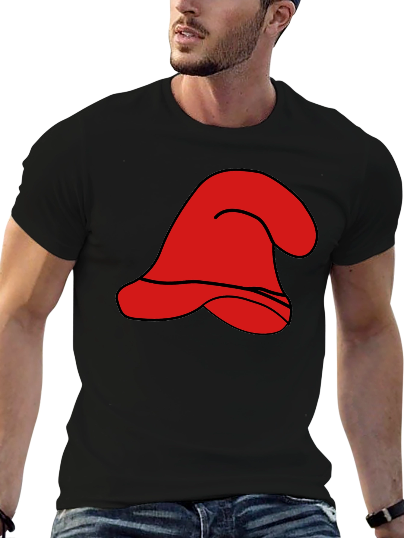Red Cartoon Hat Graphic Black T-Shirt