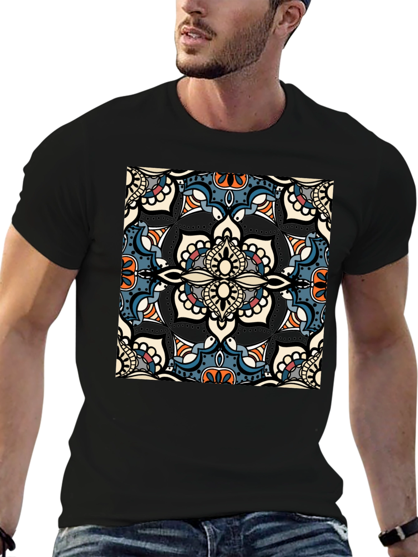 Mens Black T-Shirt with Mandala Design