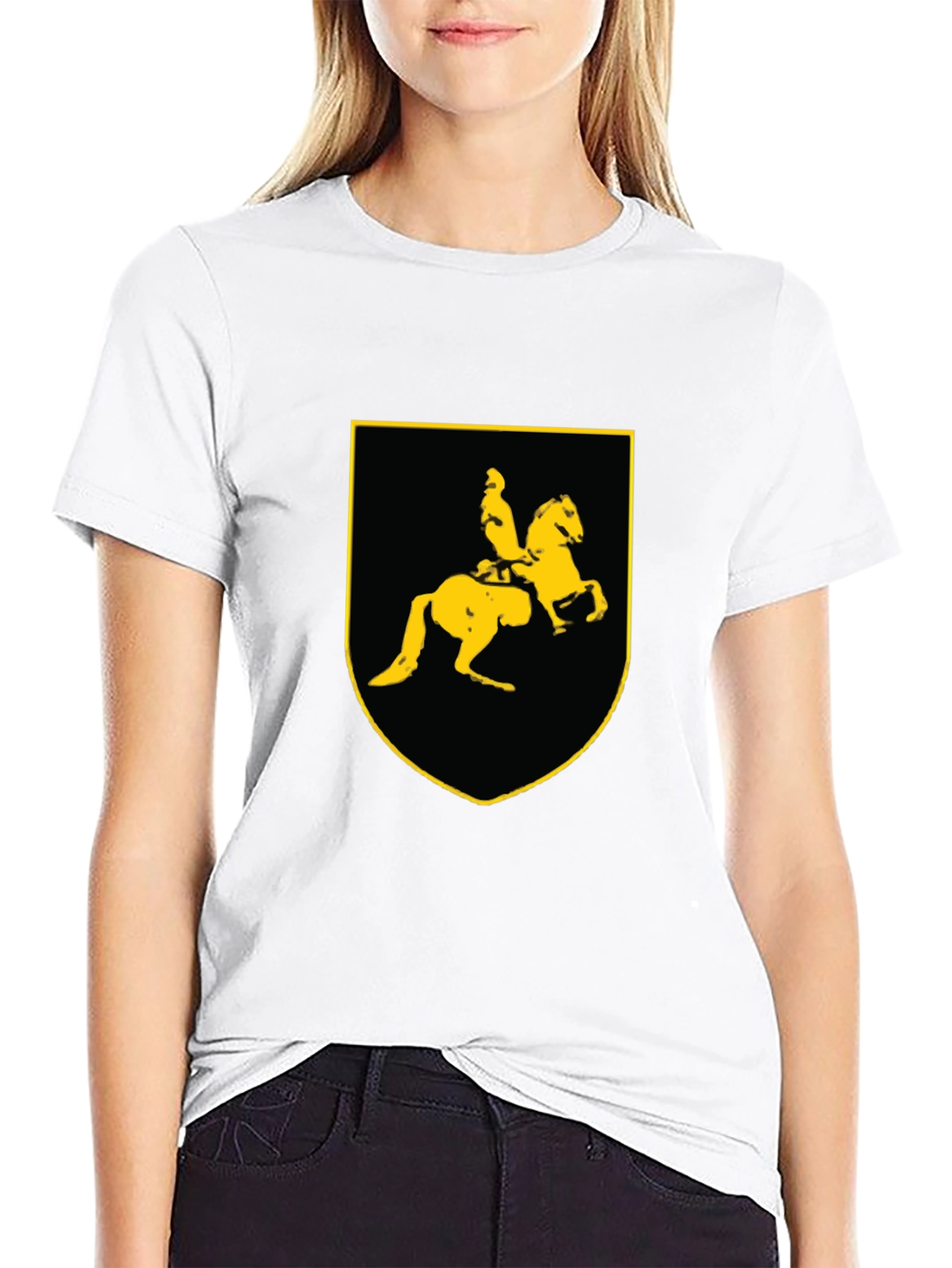 Black T-Shirt with Knight on Horse Crest Graphic