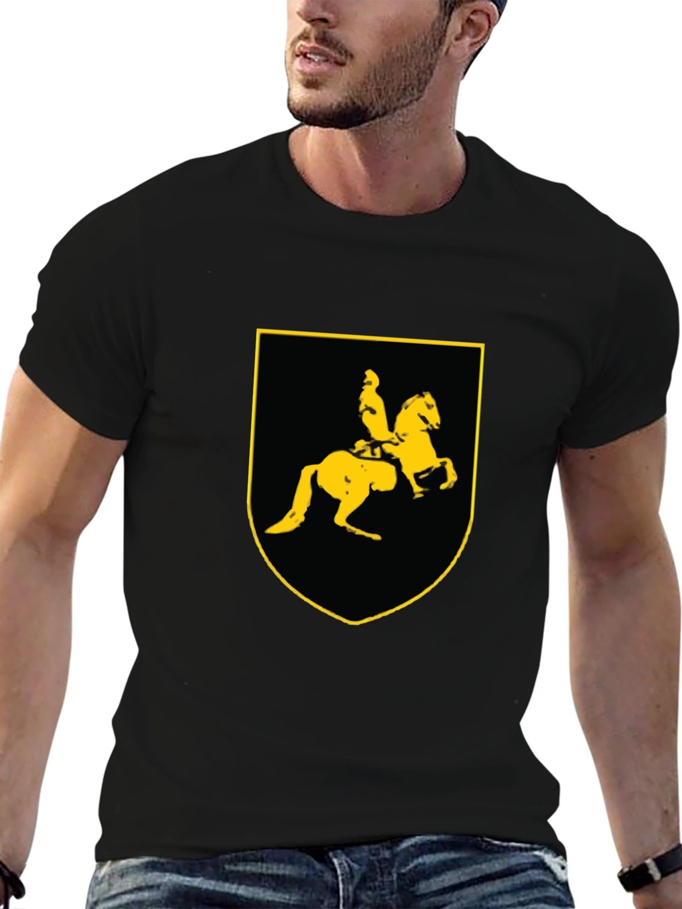 Black T-Shirt with Knight on Horse Crest Graphic