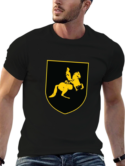 Black T-Shirt with Knight on Horse Crest Graphic