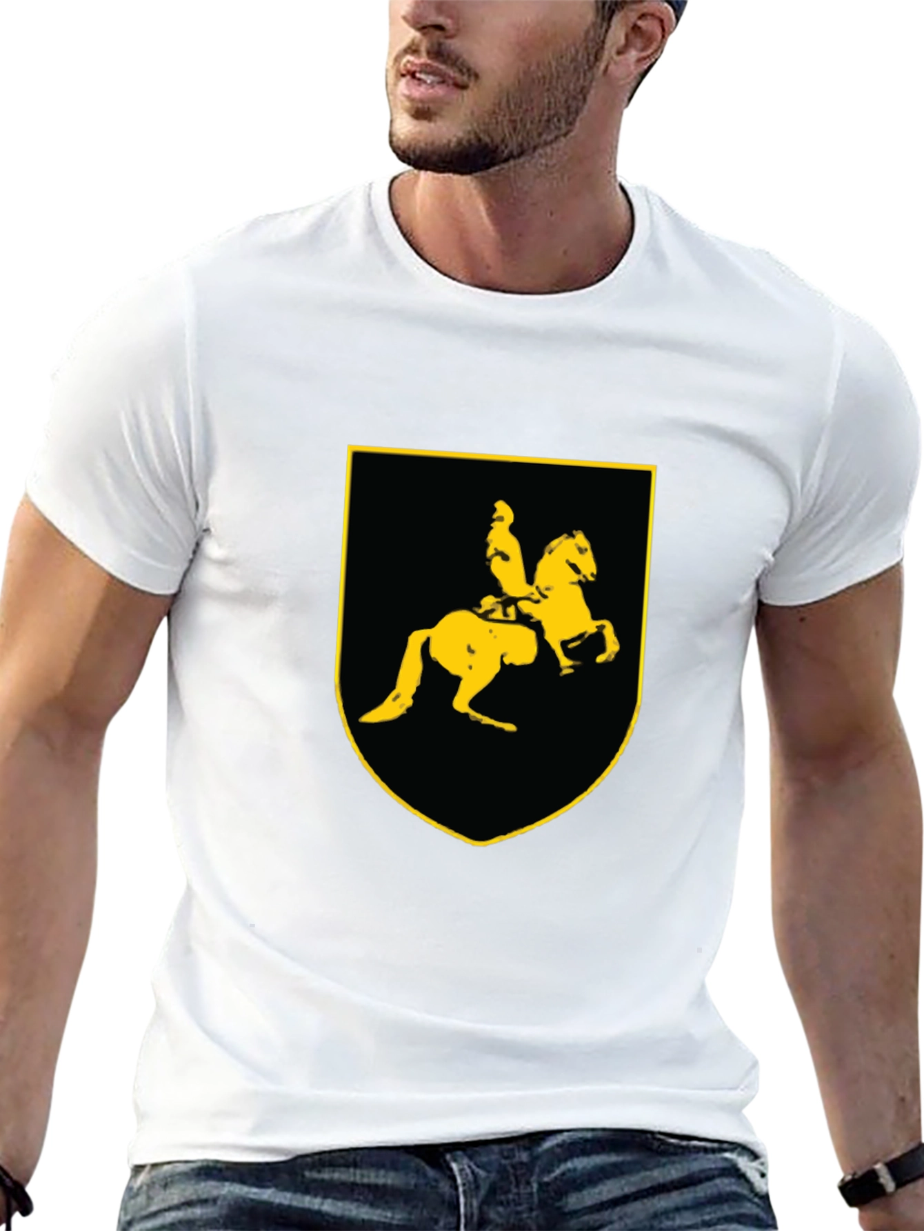Black T-Shirt with Knight on Horse Crest Graphic