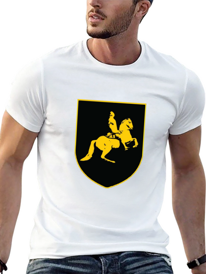 Black T-Shirt with Knight on Horse Crest Graphic