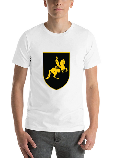 Black T-Shirt with Knight on Horse Crest Graphic
