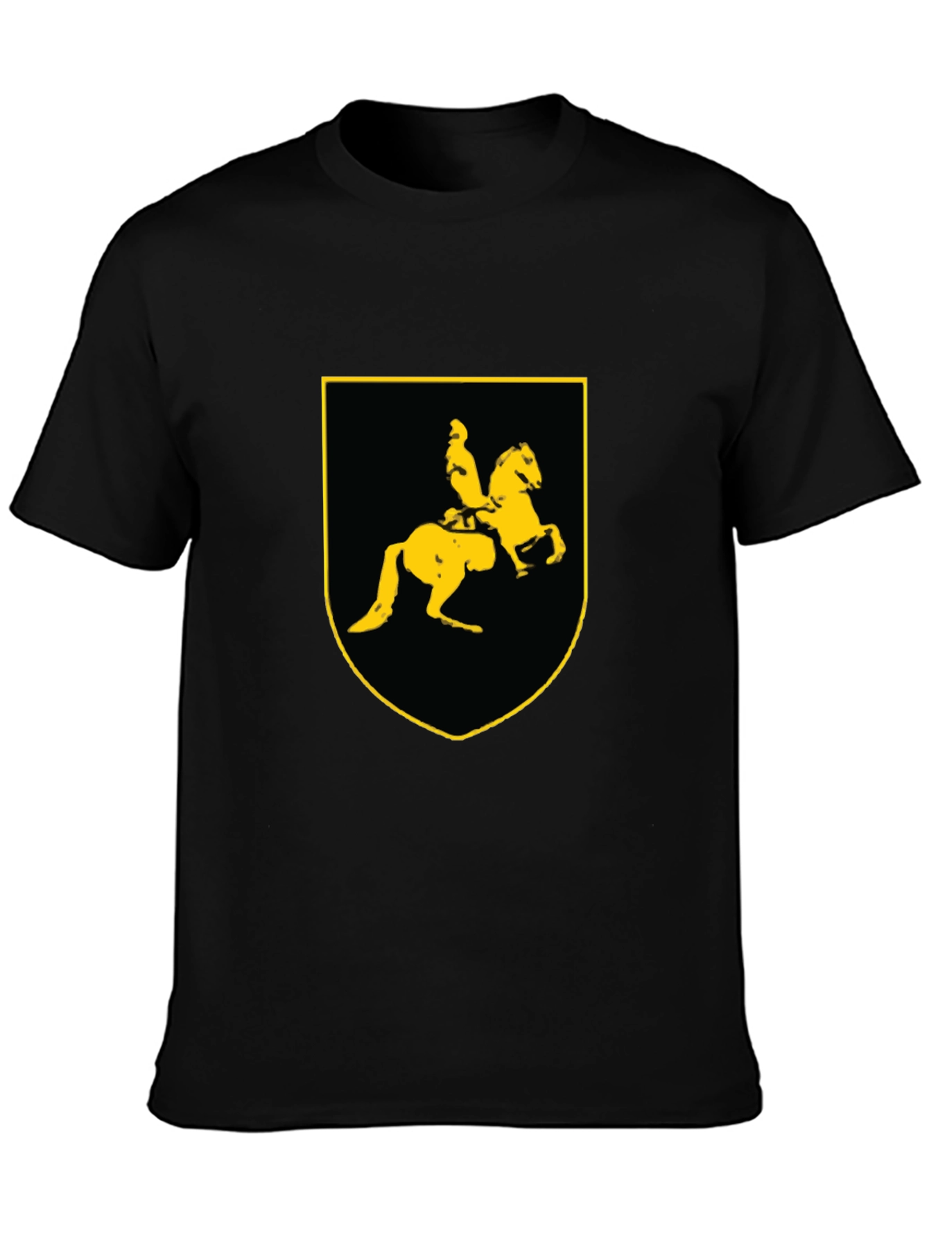 Black T-Shirt with Knight on Horse Crest Graphic