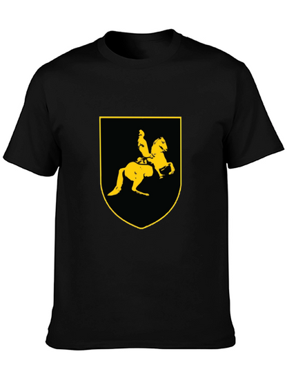 Black T-Shirt with Knight on Horse Crest Graphic