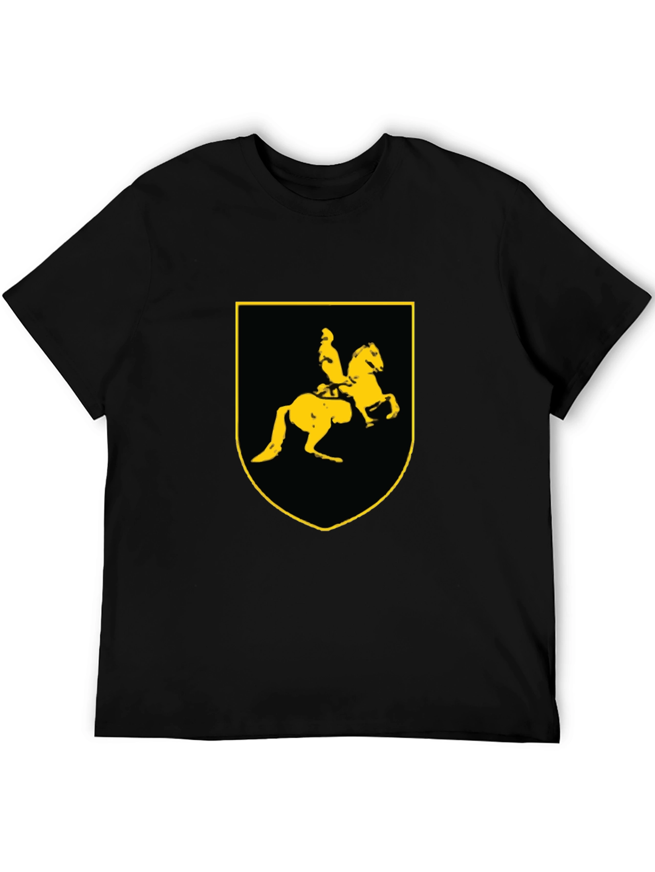 Black T-Shirt with Knight on Horse Crest Graphic