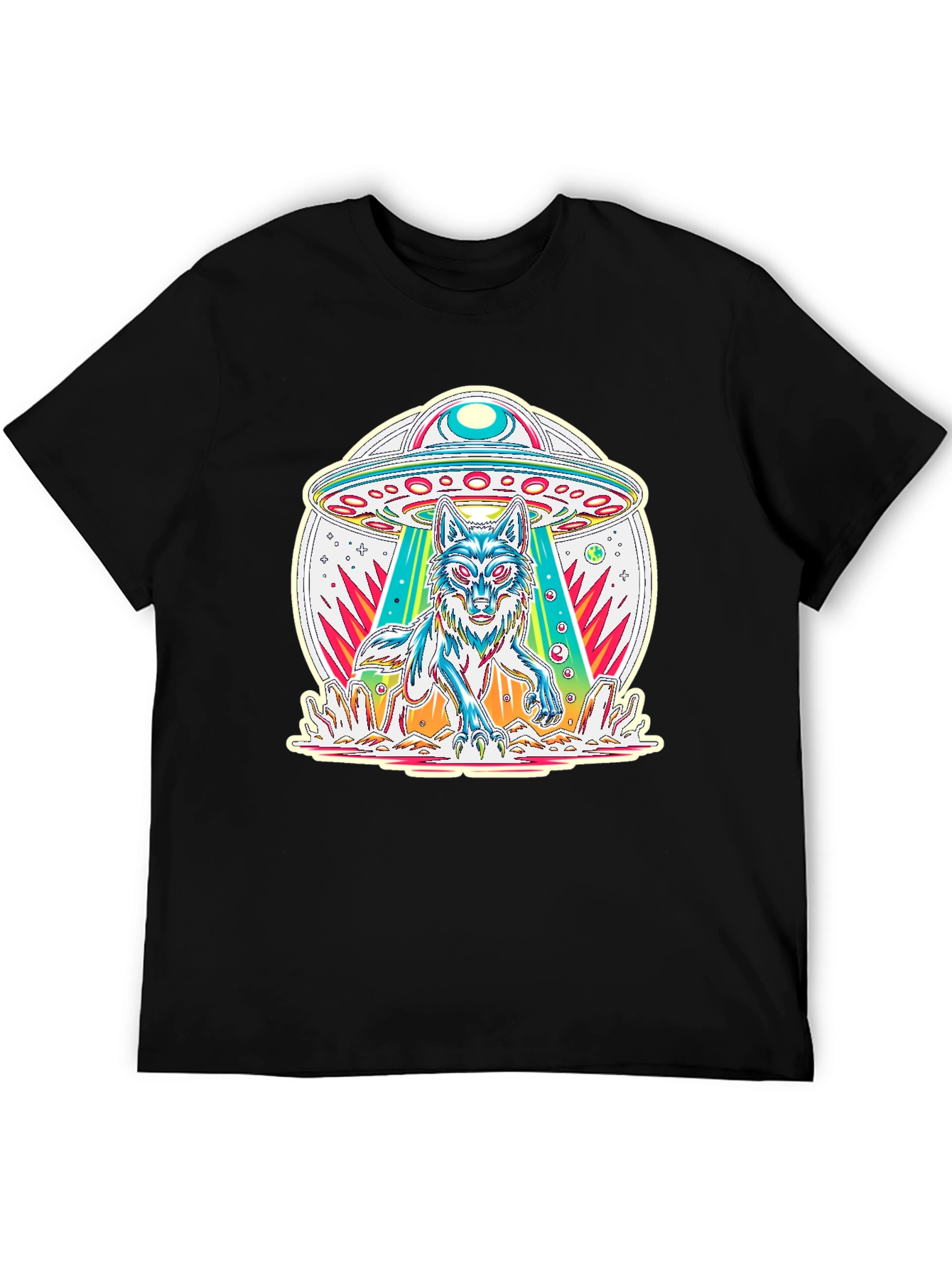 UFO Wolf Graphic Tee - Trendy Alien Abduction T-Shirt