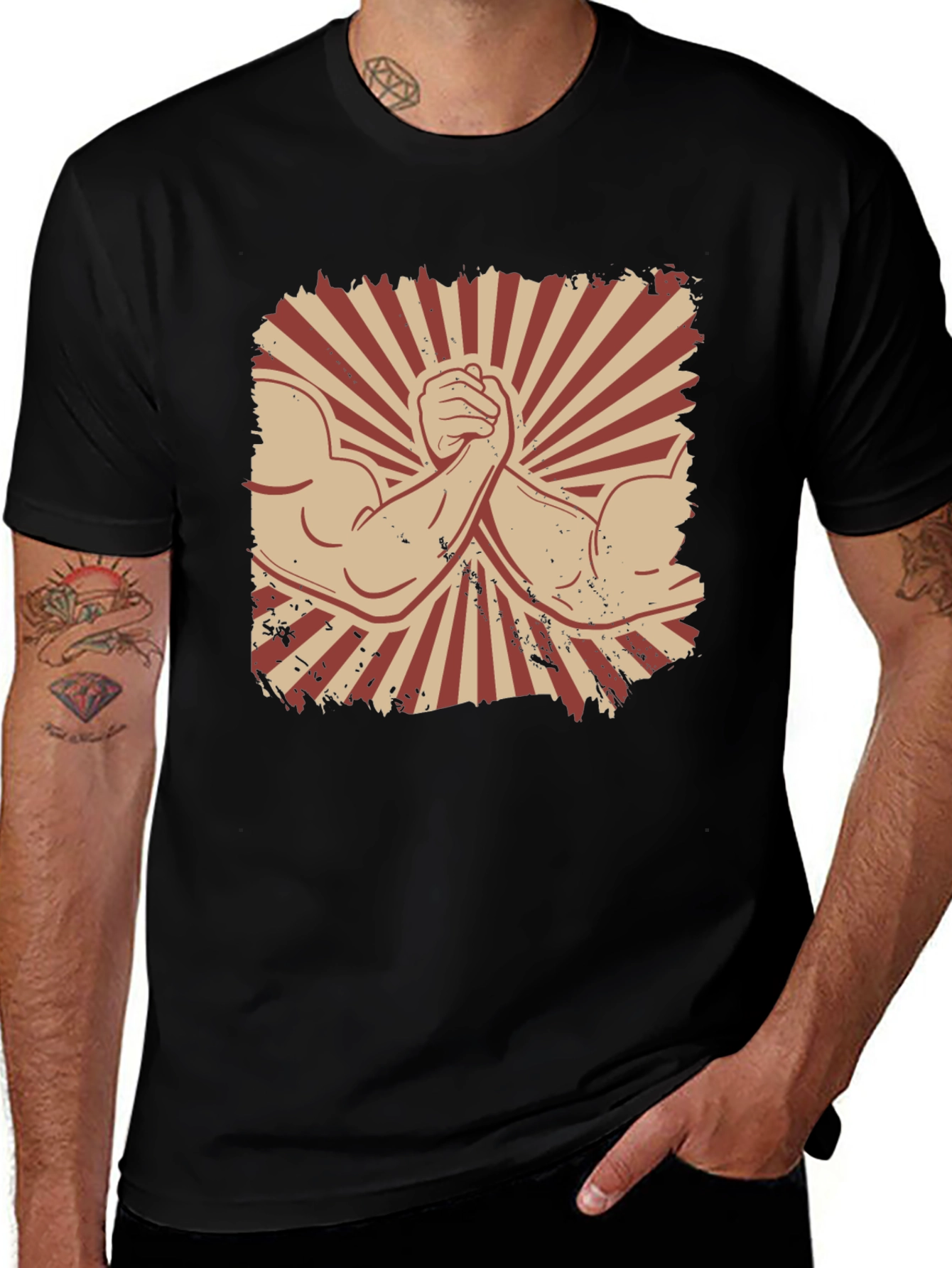 Arm Wrestling Graphic Tee - Retro Style Black T-Shirt