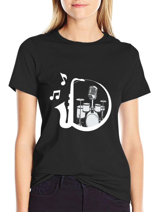 Musician Graphic Tee - Saxophone Drum Set Music Notes T-Shirt