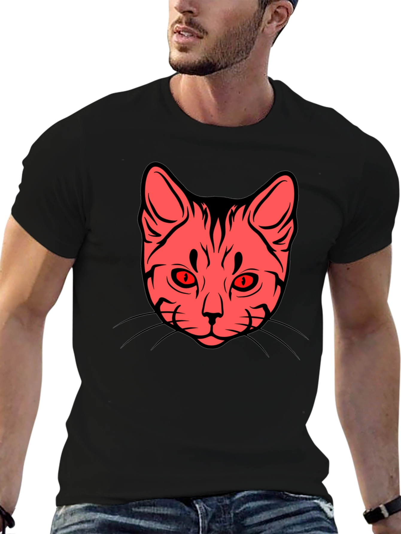 Cat Face Graphic Tee - Stylish Black T-Shirt