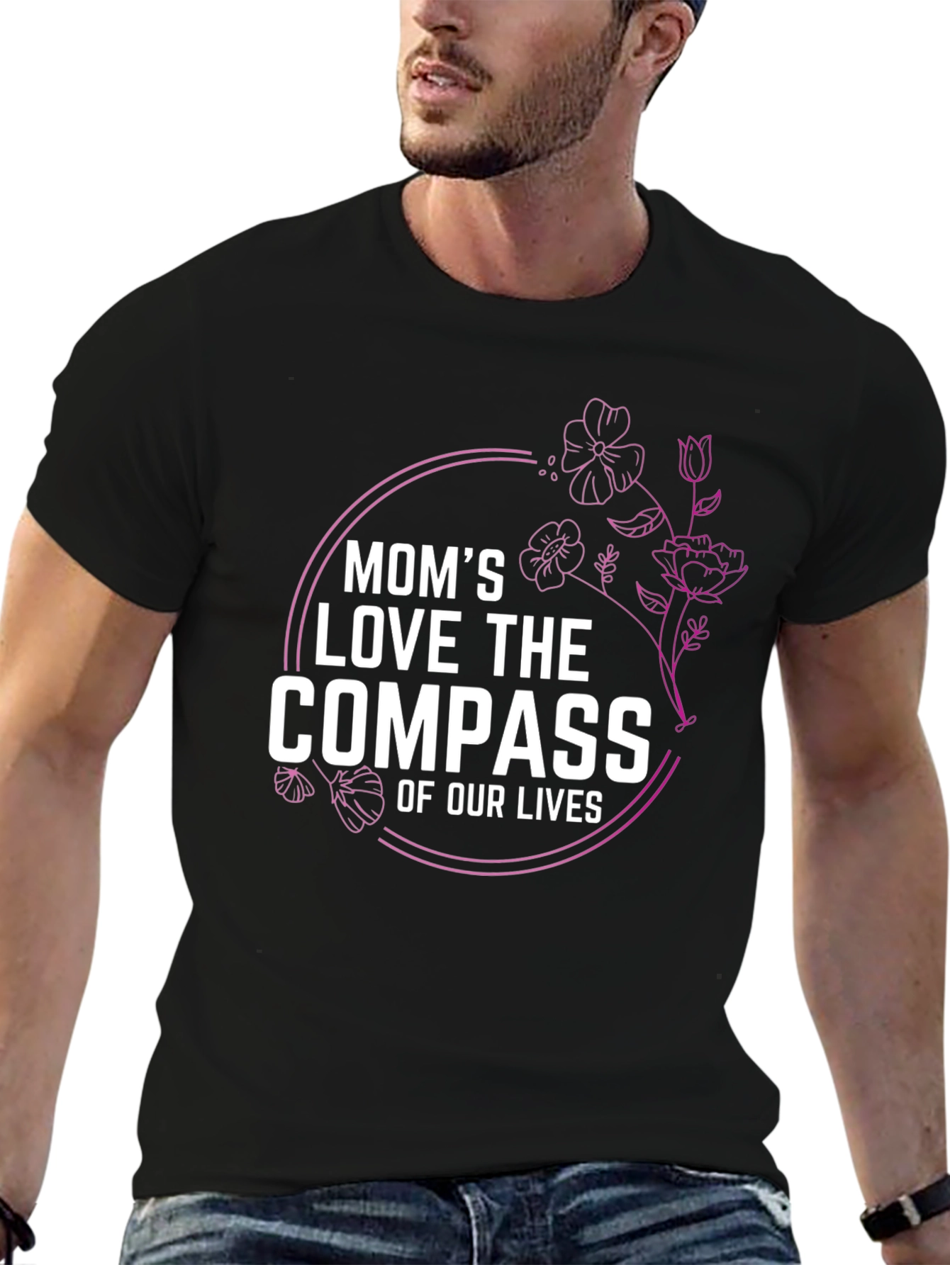 Moms Love Compass T-Shirt Floral Design Black Tee