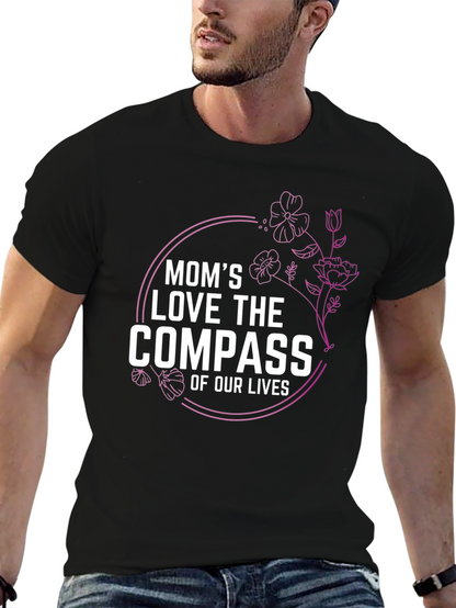 Moms Love Compass T-Shirt Floral Design Black Tee
