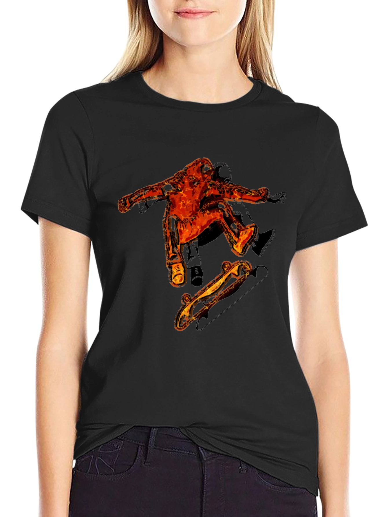 Fiery Skater Graphic Tee - Black Cotton T-Shirt