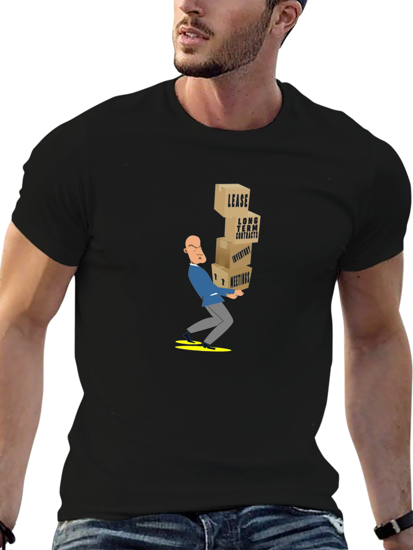 Black T-Shirt with Stressed Business Cartoon