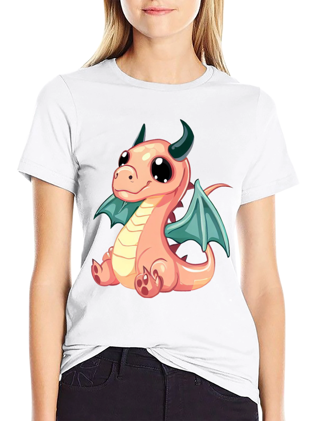 Cute Cartoon Dragon Graphic Tee - Black