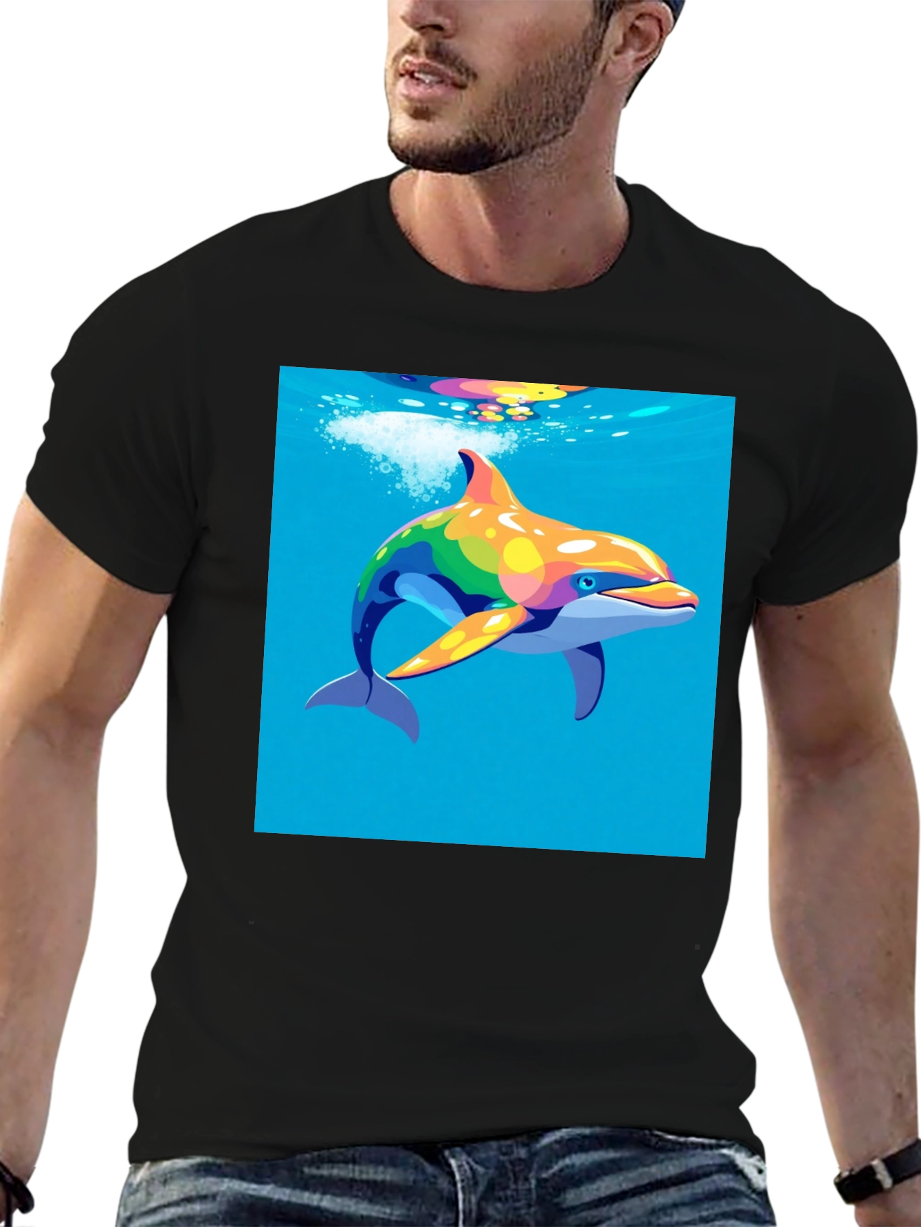 Rainbow Dolphin T-Shirt - Mens Black Tee